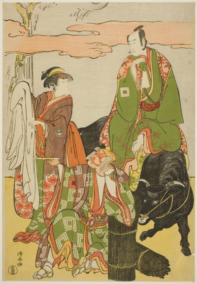 The Actors Ichikawa Monnosuke II as Miyukinosuke, Segawa Kikunojo III as Hatsune-hime, and Ichikawa Danjuro V as Ninnaji no Saibei, in the Joruri 