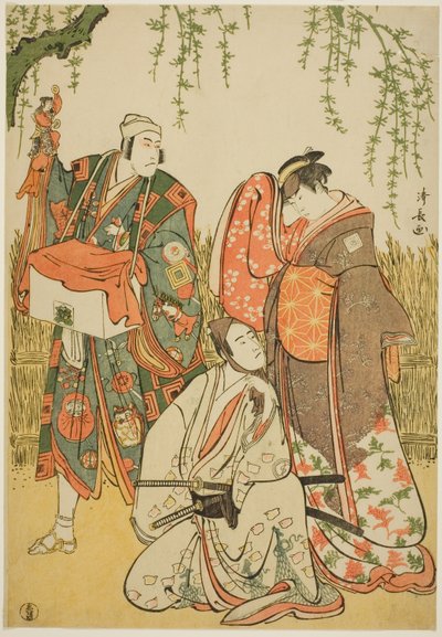 The Actors Ichikawa Yaozo III as Shiragiku, Ichikawa Danjuro V as the puppeteer Dekurokubei, and Sawamura Sojuro III as Soga no Juro, in the joruri 