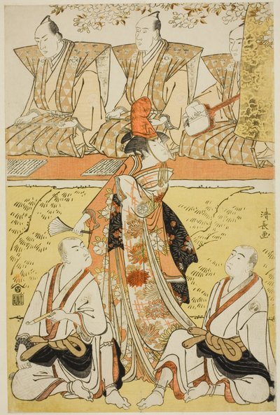 The Actors Segawa Kikunojo III as Koito, Sawamura Sojuro III as the Monk Sainenbo, and Ichikawa Monnosuke II as the Monk Renseibo, in the Shosa 