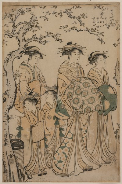 The Courtesan Senzan of Chojiya Strolling with her Kamuro Yasono and Yasoji and Two Shinzo by Torii Kiyonaga