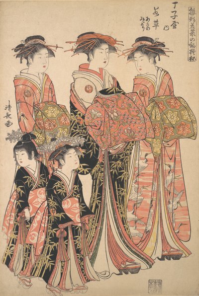 The Courtesan Wakakusa of the Chojiya Brothel, and Attendants Asano and Midori by Torii Kiyonaga