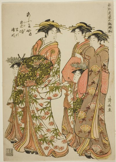 The Courtesan Toji of the Ogiya with Her Attendants Satoji and Uraji, from the series "Models for Fashion: New Designs as Fresh as Young Leaves" by Torii Kiyonaga