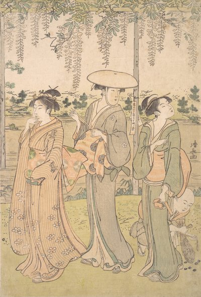 Three Women and a Small Boy beneath a Wisteria Arbor on the Bank of a Stream by Torii Kiyonaga