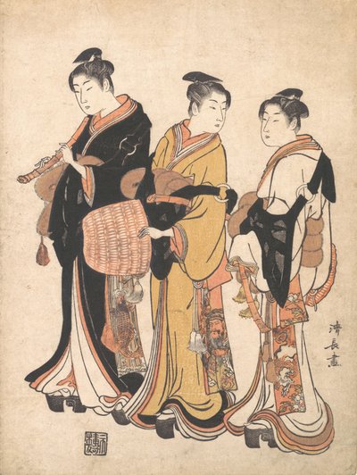 Three Young Women Masquerading as Komuso Strolling Minstrel by Torii Kiyonaga