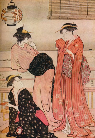 Three girls on the veranda of a tea-house overlooking Edo Bay at Shinagawa, c1752-1815 by Torii Kiyonaga