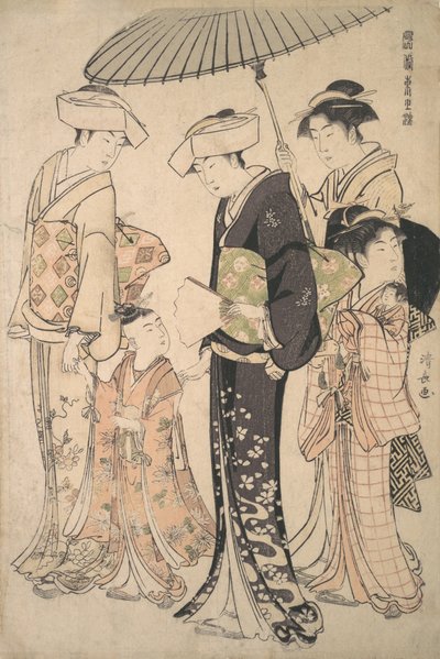 Two Women in Summer Costume Taking a Young Girl to a Shinto Temple for the Miya Mairi by Torii Kiyonaga