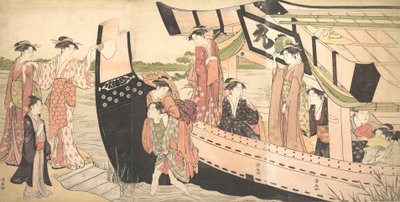 Women Landing from a Pleasure Boat Drawn Up to the Shore at Mukojima on Sumida River, ca. 1785 by Torii Kiyonaga