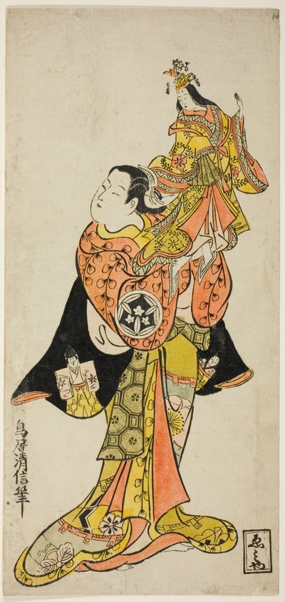 The Actor Yamashita Kinsaku holding a puppet of the Empress in the play "Diary Kept on a Journey by Sea to Izu," performed at the Nakamura Theater in the first month, 1725 by Torii Kiyonobu II