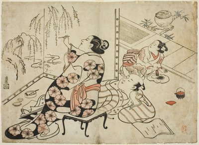 Courtesan Painting a Screen, from a series of 12 erotic prints by Torii Kiyonobu I