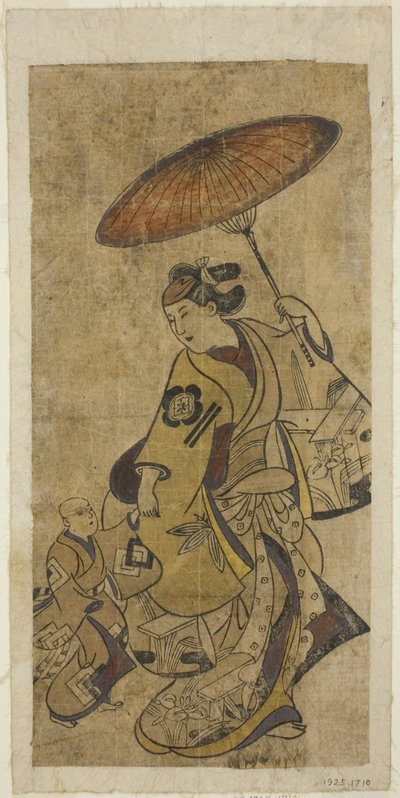 The Actors Matsumoto Hyozo as a Woman Holding an Umbrella and Nakamura Shichisaburo I as a Young Boy by Torii Kiyonobu I
