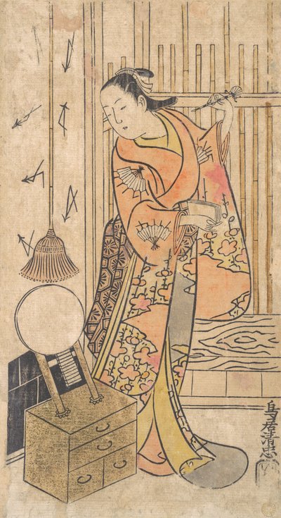 Actor as a Woman Standing by a Mirror Stand by Torii Kiyotada