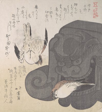 Roof Tile and Sparrows, Specialities of Mizuno in Imado by Totoya Hokkei