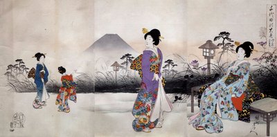 Japanese women walking in front of Mount Fuji. Japanese print by Toyohara Chikanobu (1896) by Toyohara Chikanobu