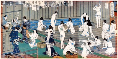 Bath house scene, a print by Toyohara Kunichika by Toyohara Kunichika