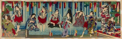 Kabuki Stars Before a Gracious Waterfall by Toyohara Kunichika
