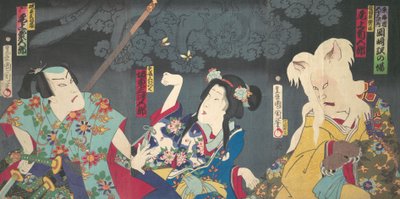 Onoe Kikugoro V as Otowake Neko no ke Right, Bando Mitsugoro IV as Aisho Michinoku Cent, 1870 by Toyohara Kunichika