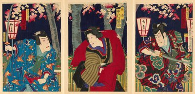 The Actors Nakamura Shikan IV as Fuwa Banzaemon, Nakamura Fukusuke IV as the Maid, and Kataoka Gado III as Nagoya Sanzaburo by Toyohara Kunichika