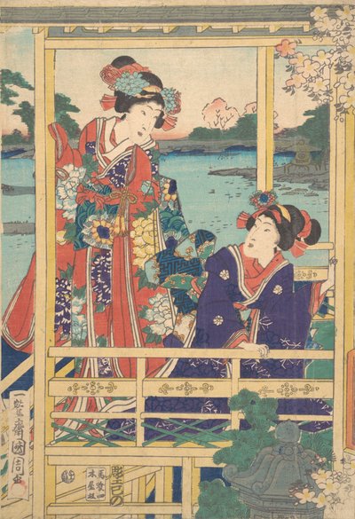 Two Beauties at Spring Garden with a Pond, ca. 2nd month, 1864 by Toyohara Kunichika