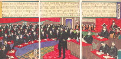 Illustration of the Imperial Diet House of Commons with a Listing of all Members by Toyohara Kuniteru