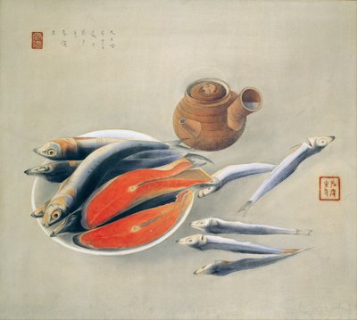 Still Life. Salmon Slices and Sardines by Tsuchida Bakusen