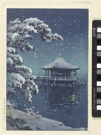 The floating pavilion at Katada in the snow by Tsuchiya Kōitsu
