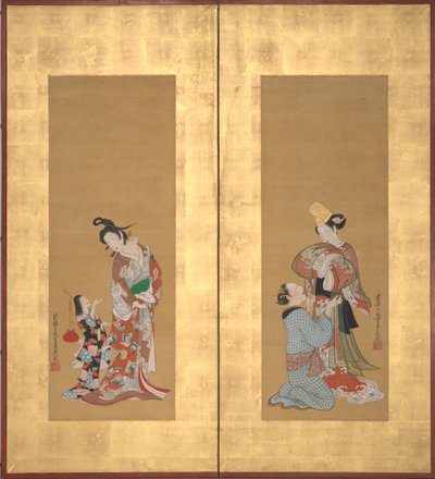 Shirabyoshi Dancer and Female Servant, Courtesan and Girl Attendant by Tsukioka Masanobu