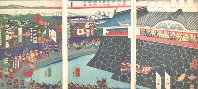 Hideyoshi and His Troops Leaving Nagoya Camp Mashiba Hideyoshi ko nagoya jin saki by Tsukioka Yoshitoshi