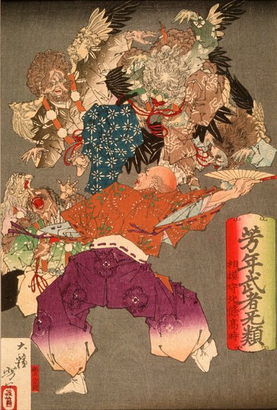 Hōjō Takatoki, Lord of Sagami, Warding Off Tengu with His Fan by Tsukioka Yoshitoshi
