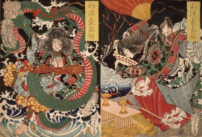Tawaraya Tda and a Dragon and Ono no Komachi Praying for Rain from the series Valour in China and Japan, 1868 by Tsukioka Yoshitoshi