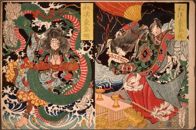 Tawaraya Toda and a Dragon; Ono no Komachi Praying for Rain by Tsukioka Yoshitoshi