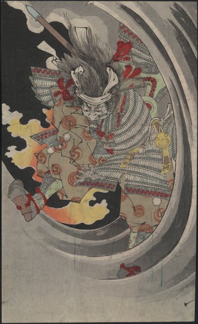 The Ghost of the General Taira no Tomomori Crashing Through Waves at Nunobiki Waterfall by Tsukioka Yoshitoshi