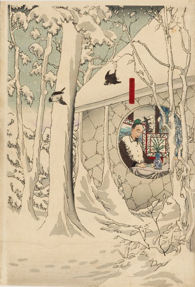 Woodblock Print Triptych - Gentoku Visiting Komei in His Retreat, in a Snowstorm, Late 19th Century by Tsukioka Yoshitoshi