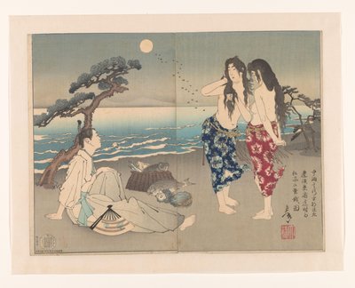 Yukihira Ason on the Beach with Divers Murasame and Matsukaze (Sketches of Yoshitoshi series) by Tsukioka Yoshitoshi