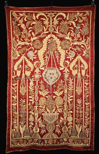 A Prayer Arch of Red Satin, Embroidered in Gilt and Silver Threads and Applique with Brocades by Turkish School