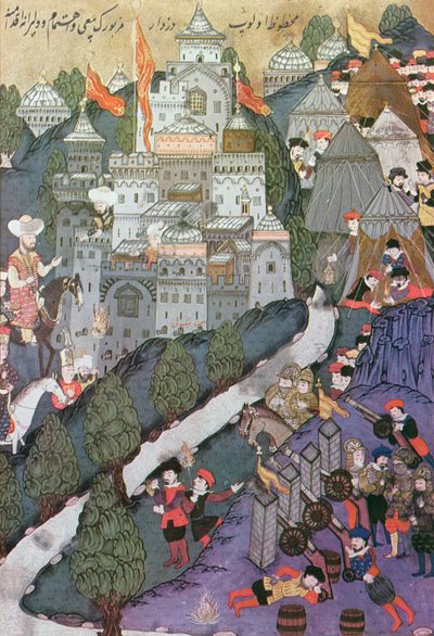 Battle of Nicopolis, 25th-28th September, 1396, facsimile of a miniature conserved in the Topkapi Museum in Istanbul by Turkish School