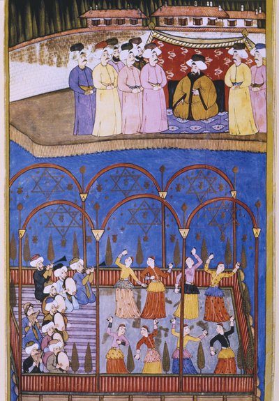 Dancers and musicians before the sultan and his court by Turkish School