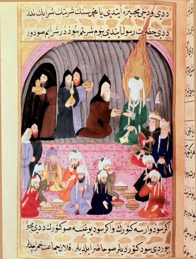 The Prophet Muhammad on a journey to Syria is welcomed by Christian monks who serve him a meal by Turkish School