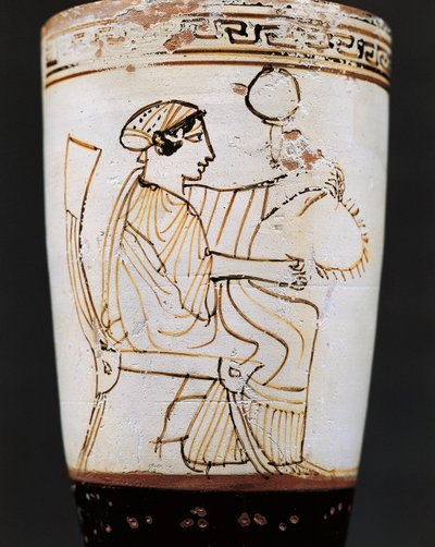 Lekythos, oil flask depicting woman weaving crown, 5th century B.C. by Tymbos Painter (attr. to)