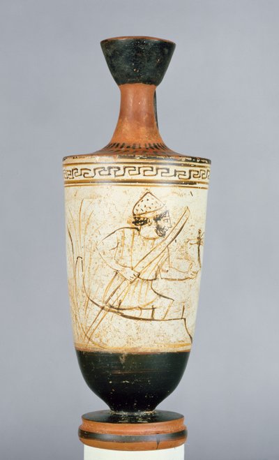 Attic White-Ground Lekythos Decorated with Charon Receiving the Soul of a Dead Person by Tymbos Painter