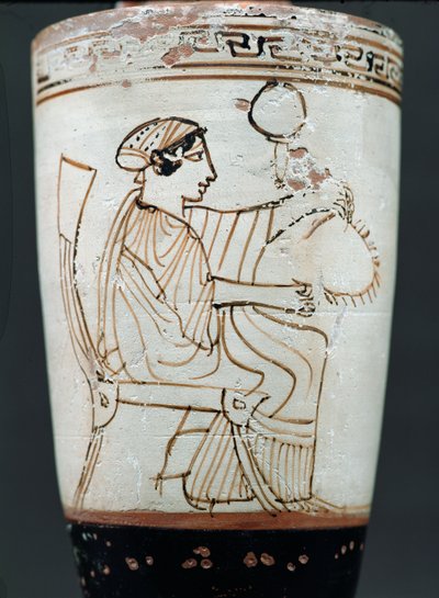Attic white ground lekythos depicting a woman plaiting a wreath, c.475-420 BC by Tymbos Painter