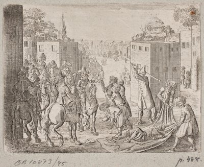 Dead(?) Oriental Wrapped in a Cloth in the Presence of a European Company on Horseback by Ubekendt