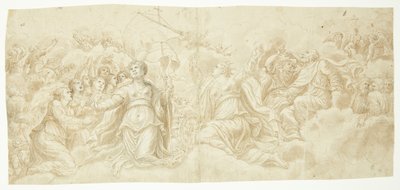 A Gathering of Saints on Clouds, All Looking Upwards. Likely the Lower Register in a Last Judgment Sky. Centrally Placed are St. Catherine of Alexandria and St. Ursula, the Latter Surrounded by Some of Her Virgins by Ubekendt