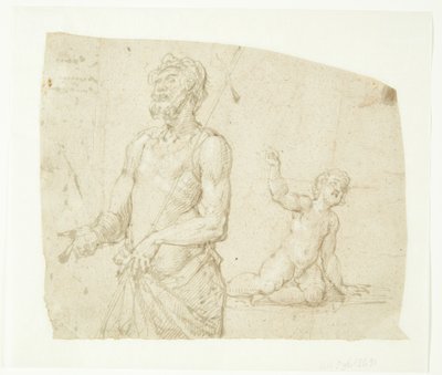 A Man with a Cross Staff over His Shoulder (John the Baptist?), with a Boy Lying Behind Him by Ubekendt