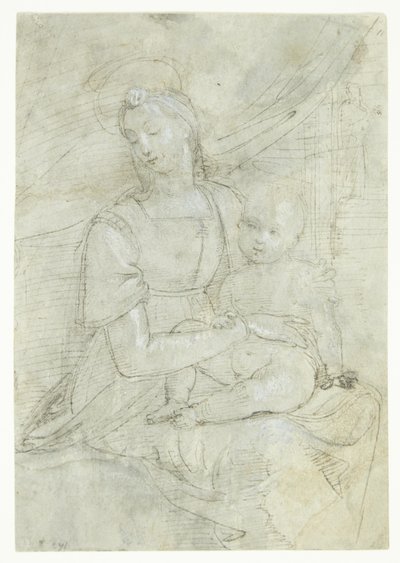 Mary with the Christ Child, Sitting in Front of a Drapery. In the Background in a Doorway a Man by Ubekendt