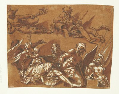 Mercury and Pluto Over a Woman with Child, a Reading Man, and a Bound Soldier Beside Armor by Ubekendt