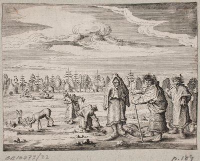Nomads with Reindeer in a Snow-Covered Landscape by Ubekendt