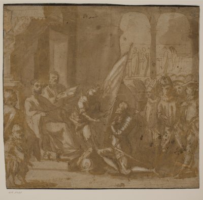 A Soldier in Armour Kneeling in Front of an Enthroned Procurator by Ubekendt Ubekendt