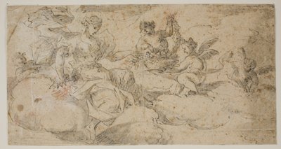 Aurora Sitting in Clouds Surrounded by Putti Binding Garlands. Two Pages from a Sketchbook by Ubekendt Ubekendt