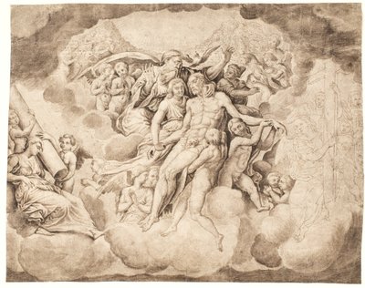 God the Father and the Heavenly Hosts Lamenting over Christ’s Body by Ubekendt Ubekendt