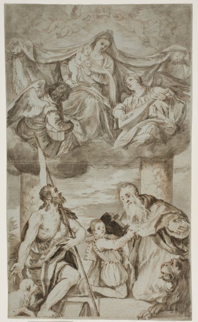 The Virgin and Child among angels in the clouds with Sts John the Baptist and Jerome, after Paolo Veronese’s painting formerly in S. Francesco della Vigna, Venice by Ubekendt Ubekendt
